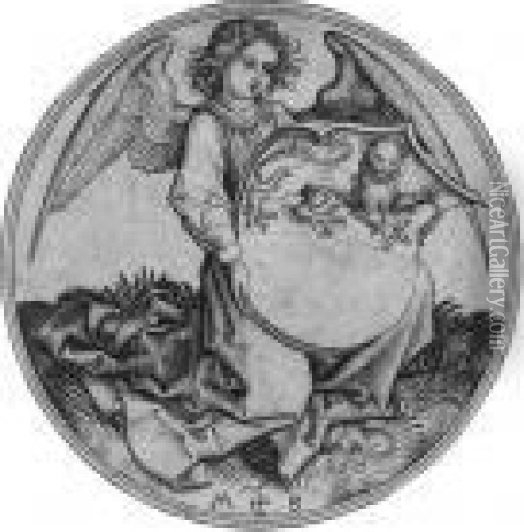 A Shield With A Lion Passant Guardant, Supported By An Angel (l., Holl. 95) Oil Painting - Martin Schongauer