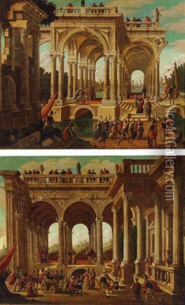 A Capriccio View Of Palladian Ruins With Numerous Figures And Roman Soldiers In The Foreground Oil Painting - Leonardo Coccorante