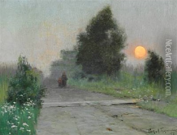 Russian Evening Landscape With Mother And Child On A Country Road At Sunset Oil Painting - Richard Alexandrovich Bergholz