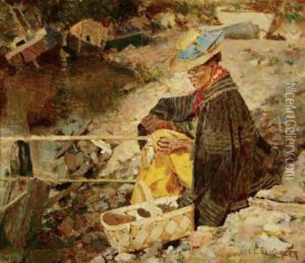 Woman Fishing By The Riverbank Oil Painting - Luther Emerson Van Gorder
