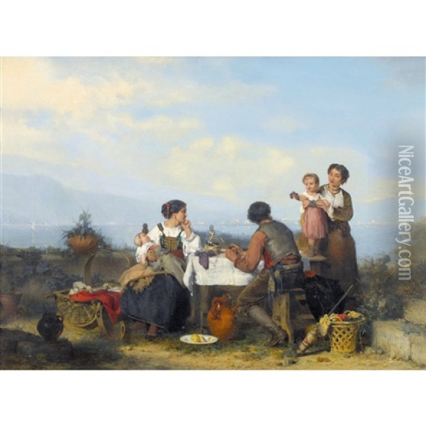 Italienische Uferlandschaft Mit Familie Am Tisch Oil Painting - Karel Frans Philippeau