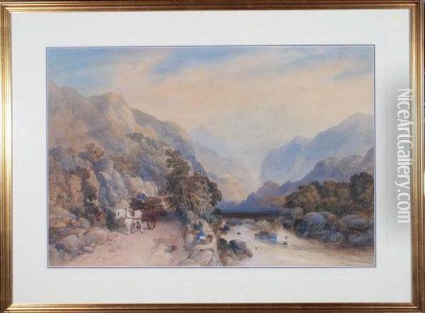 A Horsecart And Figures On A Road By A River In Mountainous Country Oil Painting - James Burrell-Smith