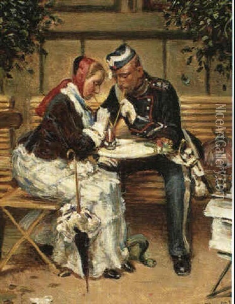 Soldat Og Hans Pige Siddende Udenfor Cafe A Porta, Drikkende Chokolade Oil Painting - Vilhelm Rosenstand
