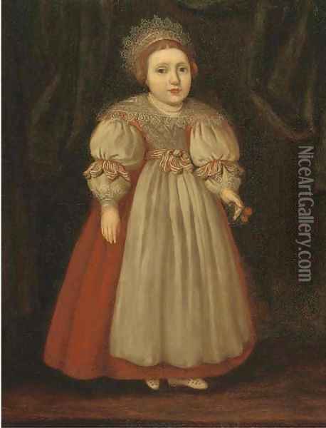 Portrait of Isabella Buxton as a young girl, full-length, in a red dress with a lace collar, holding cherries Oil Painting - Cornelis De Vos