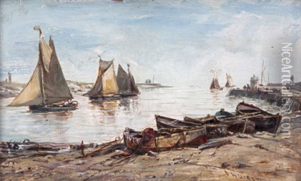 Shrimp Boats Entering Gorlston Harbour Oil Painting - Edwin Hayes