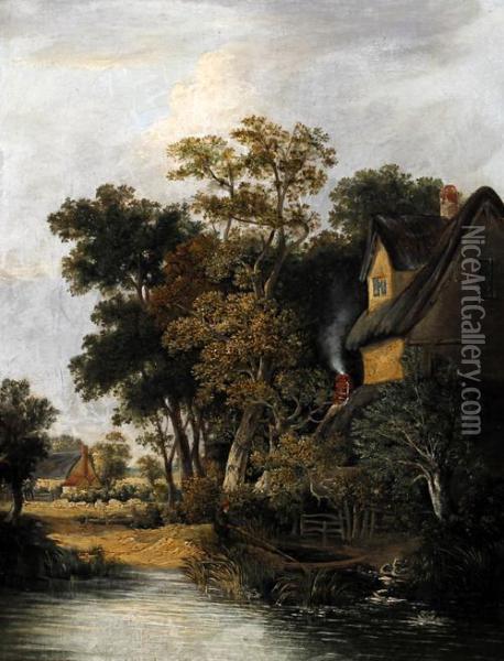 Wooded Riverside Cottage With Man Fishing On The River Bank Oil Painting - James Stark