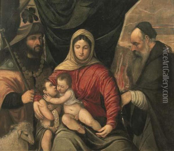 Madonna Con Bambino, San Giovannino, San Giacomo Da Compostella E San Antonio Abate Oil Painting - Bernardino Da Asola