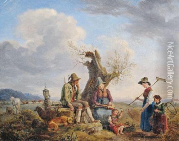 Rastende Bauernfamilie Am Weiderand Vor Weitem Landschaftshintergrund Oil Painting - Johann Philipp Heinel