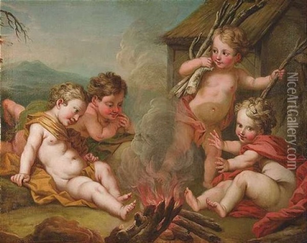 Vier Putten Warmen Sich An Einem Feuer: Allegorie Des Feuers Oil Painting - Louis Michel van Loo