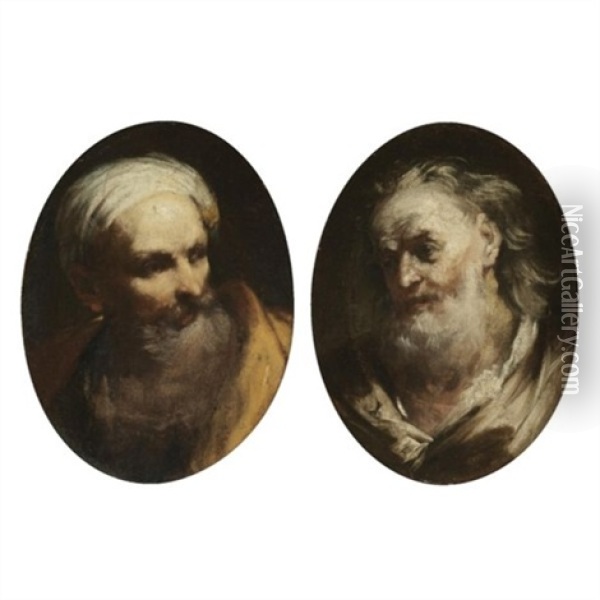 Study Of A Bearded Man, Head And Shoulders, Wearing A Turban And Looking Right (+ Study Of An Elderly Bearded Man, Head And Shoulders, Looking Left, Smaller; Pair) Oil Painting - Giuseppe Maria Crespi