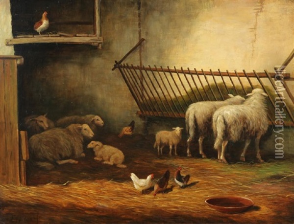 Untitled - Sheep Resting At Stable Oil Painting - Laurens Plas