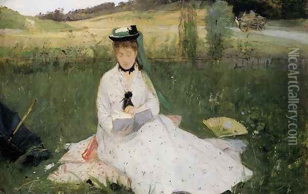 Reading With Green Umbrella Oil Painting - Berthe Morisot
