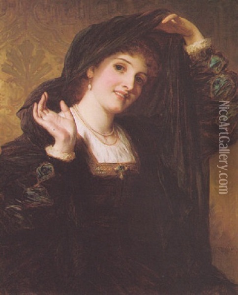 Portrait Of A Lady Wearing A Cloak And Evening Dress Oil Painting - Thomas Francis Dicksee