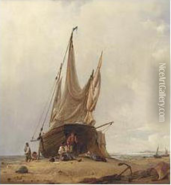 Figures By A Beached Sailing Vessel Oil Painting - Jacobus Albertus Michael Jacobs