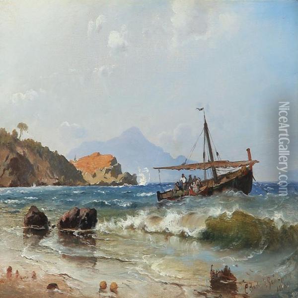 Coastal Scape With A Sailing Ship Near The Shore, Italian Oil Painting - C. F. Sorensen
