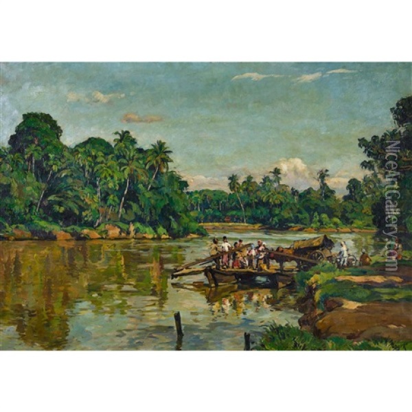 Palmengesaumter Fluss Mit Fahre Oil Painting - Hans von Hayek