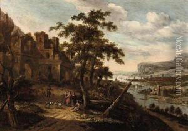An Extensive Rhine Landscape With Figures Conversing Outside A Towngate Oil Painting - Dionys Verburgh