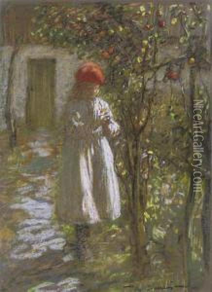 A Young Girl In An Orchard; And The Harvest Oil Painting - Mark Senior