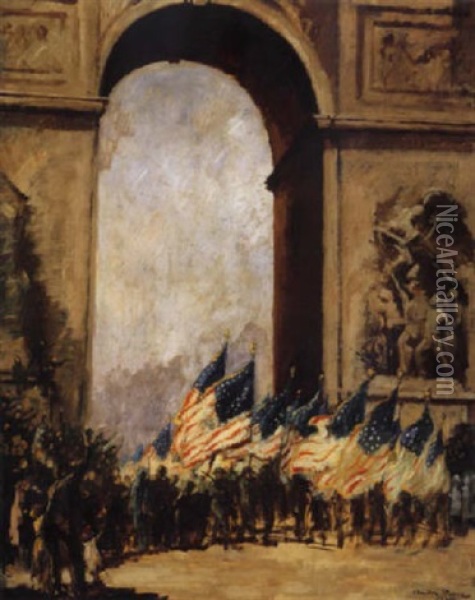 American Troops At The Arc De Triomphe Oil Painting - Andre Mare