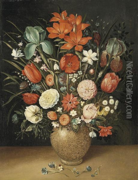 Roses, Tulips, Carnations And Other Flowers In A Vase On A Stoneledge Oil Painting - Osias, the Elder Beert