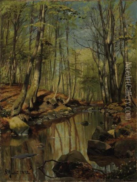 A Wooded River Landscape Oil Painting - Peder Mork Monsted