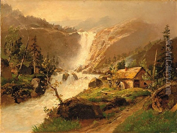 Waterfall In Mountain Landscape Oil Painting - Hermann Herzog