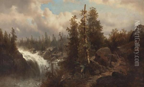 Jager Schiest Raubvogel Im Gebirgswald Mit Wasserfall Oil Painting - Josef Thoma