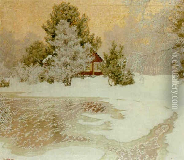 Vinterlandskap Med Rod Stuga Oil Painting - Gustaf Fjaestad