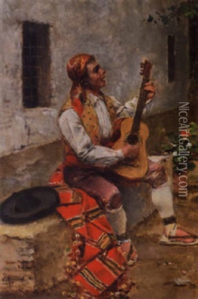 Le Joueur De Guitare Oil Painting - Joaquin Agrasot y Juan