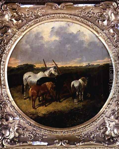 Horses by a Roller in a Meadow Oil Painting - John Frederick Herring Snr