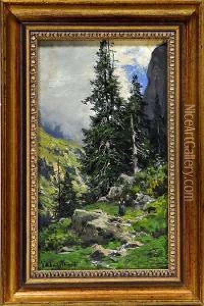 Nebelverhangene Gebirgsschlucht Mit Wanderern Oil Painting - Georg Hermann Engelhardt