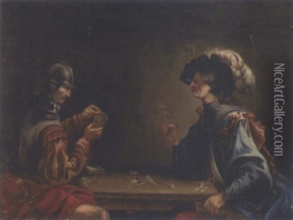 Two Guardsmen Playing In An Interior Oil Painting - Jean de Bologne