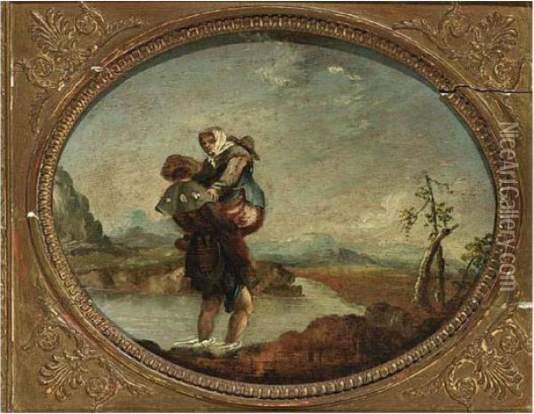 A Man Carrying A Woman Across The Water Oil Painting - Francesco Zuccarelli