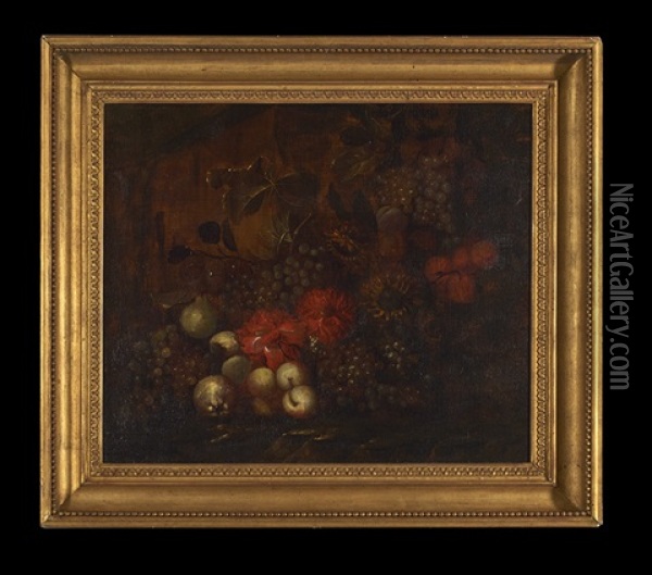 Arrangement With Peonies, Grapes, Pears, Sunflowers And Peaches Oil Painting - Abraham Mignon