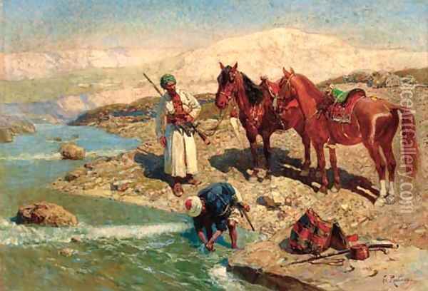 Arab horsemen washing by a river Oil Painting - Franz Roubaud