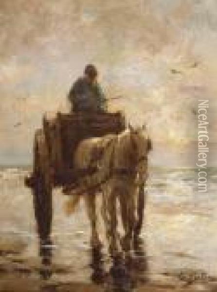A Shell-fisher And His Horse At Sunset Oil Painting - Evert Pieters