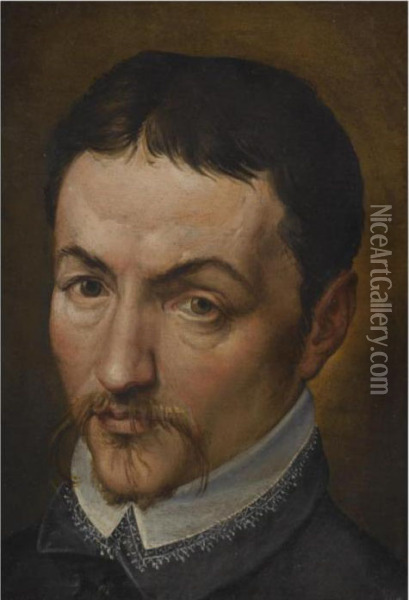 Portrait Of A Man, Head And 
Shoulders, Wearing A Moustache And A Black Shirt With A White Collar Oil Painting - Bartolomeo Passarotti