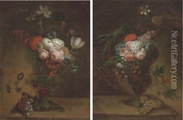 Flowers In An Urn With A Parrot (+ Flowers In An Urn With A Butterfly; Pair) Oil Painting - Jan Frans Van Dael