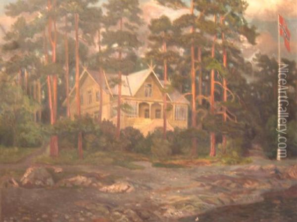 Norwegian Housein A Woodland Oil Painting - Otto Hennig