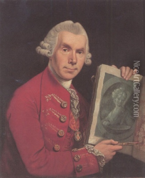 Self-portrait Wearing A Red Coat And A Baronet's Badge, Holding An Album Of Watercolours And Porte Crayon Oil Painting - George (Sir) Chalmers