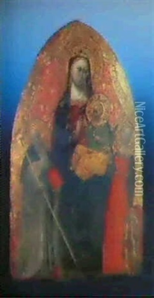 La Vierge Et L'enfant En Trone Entre Sint-antoine Abbe Et   Sainte-catherine D'alexandrie Oil Painting -  Master of San Martino of Mensola