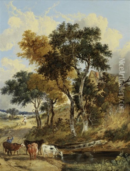 Droving Cattle, A Pair Oil Painting - John Berney Ladbrooke