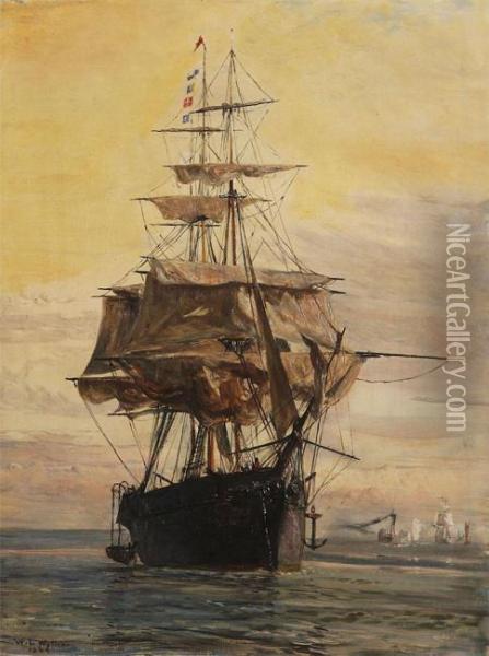 Threemaster On A Calm Sea Oil Painting - William Lionel Wyllie