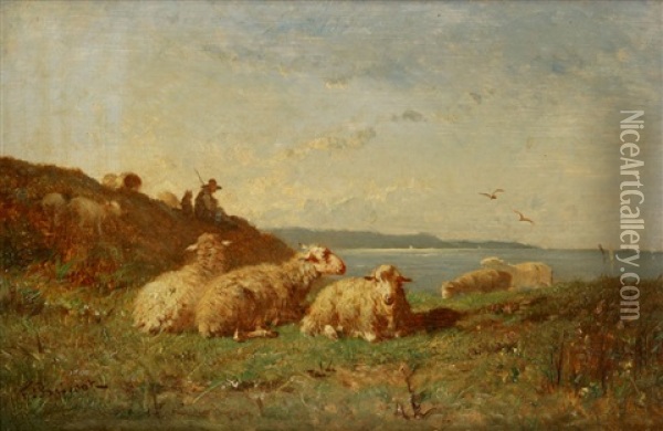 Shepherd And Sheep By The Sea Oil Painting - Felix Saturnin Brissot de Warville