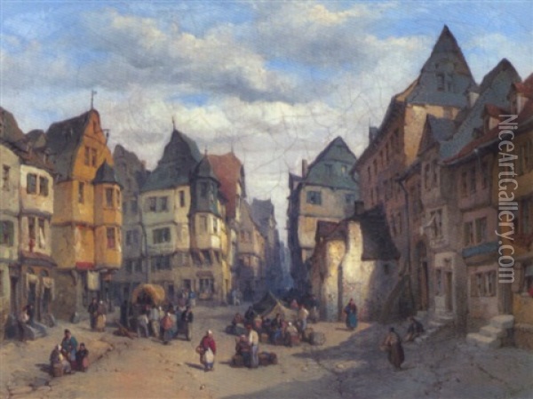 Markttreiben Auf Altem Stadtplatz Oil Painting - Lewis John Wood