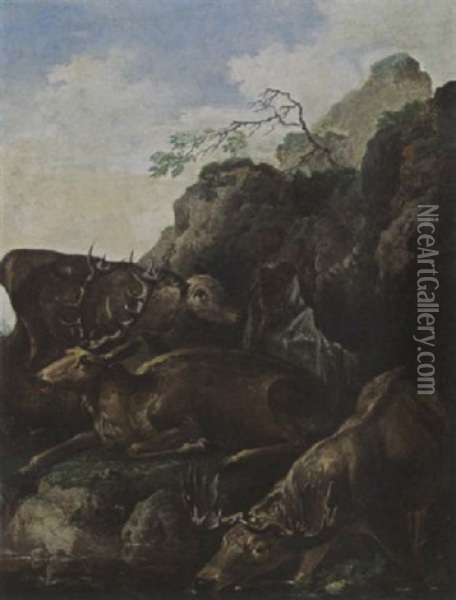 An Elk Drinking And Two Deer Resting By A Waterfall Oil Painting - Carl Borromaus Andreas Ruthart