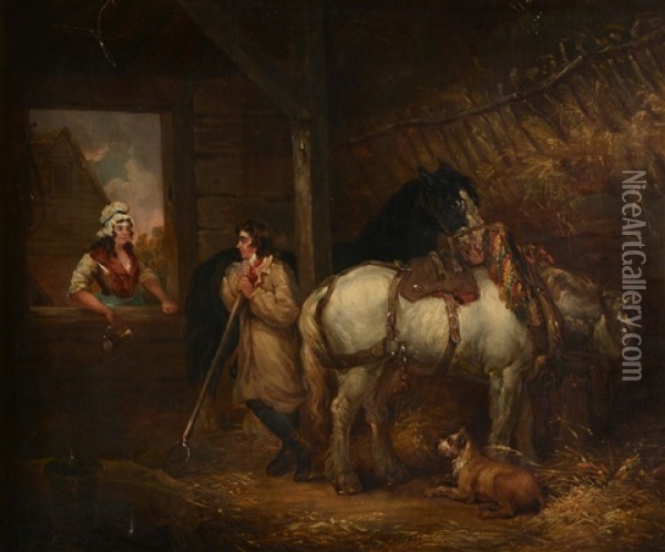 Stable Scene With Horse And Two Figures Conversing Oil Painting - George Morland