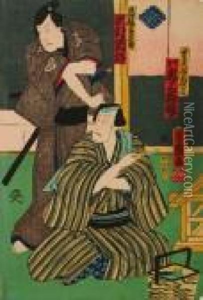 Three Prints Of Kabuki Actors Oil Painting - Toyohara Kunichika