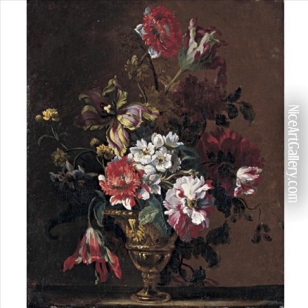 A Still Life With Parrot Tulips, Carnations And Other Flowers In An Urn On A Stone Ledge Oil Painting - Nicolas Baudesson