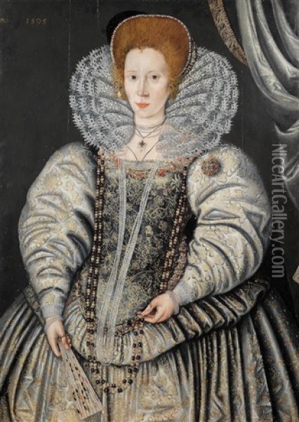 Portrait Of A Lady, Traditionally Identified As Elizabeth Throckmorton, Three-quarter-length, In A Gold And White Embroidered Dress With A Lace Collar Oil Painting - Marcus Gerards the Younger